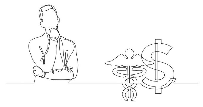 Self drawing line animation of man thinking about health care cost