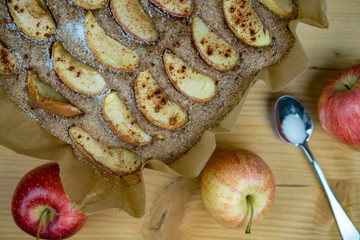 Cooked apple pie and ingredients pie from above