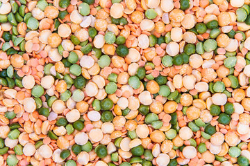 Background Or Texture Of Multicolored Varieties Of Dried Peas And Lentils Close-up.