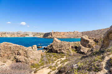 Fototapeta na wymiar Manikata, Malta. Sunny day on the shores of the Għajn Tuffieħa Bay