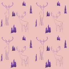 winter seamless pattern with glittering fir trees and deer in forest