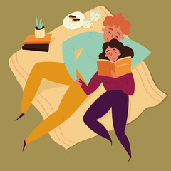 Boy and girl reading book on blanket. Home picnic. Boyfriend and girlfriend, young couple have a date. Cactus, croissant and cofee on bacground. Leisure, vacation concept. Vector flat illustration