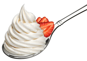 Whipped frozen yogurt or cream and strawberry in spoon isolated on white background. - obrazy, fototapety, plakaty