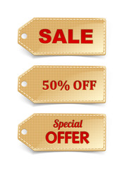 realistic set of beige golden price vector label sale off. 50% OFF. special offer. isolated from background. layered.