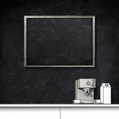 3d illustration rendering of blank blackboard frame and coffee machine with cups and milk