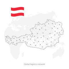 Global logistics network concept. Communications network map Austria on the world background. Map of Austria with nodes in polygonal style and flag. Vector illustration EPS10. 