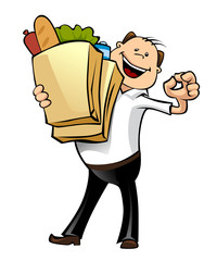 vector illustration of  man holding shopping bags from the supermarket he is happy