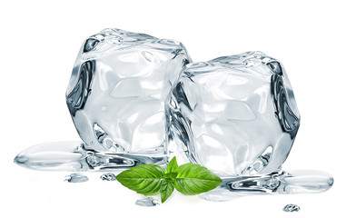Melted clear ice cubes pile isolated on white background	