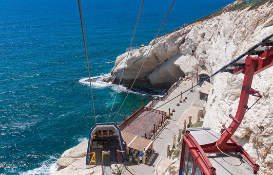view from the cable car of the entrance to the rosh hanikra grottos park on the mediterranean in northern israel