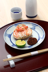 Seko gani, steamed female snow crab meat and egg stuffed on crab shell, Japanese food
