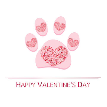 Dog paw print with shining red heart. Valentine's Day greeting card