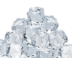 Melted clear ice cubes pile isolated on white background	
