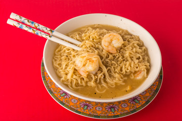 Ramen Noodles and Shrimp with Chopsticks