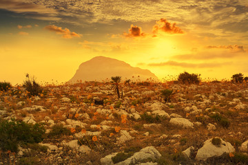 Montgo mountain sunset in Denia of Spain
