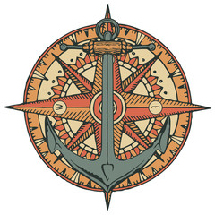 Retro banner with a ship anchor, wind rose and old nautical compass. Vector illustration on the theme of travel, adventure and discovery on the white background