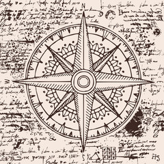 Hand-drawn vector banner with a wind rose and old nautical compass in retro style. Illustration on the theme of travel and discovery on the background of old manuscript with spots and splashes