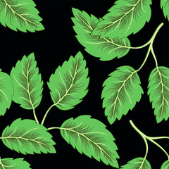 Flying green leaves on dark background. Fresh spring foliage. Vector illustration. Environment and ecology backdrop