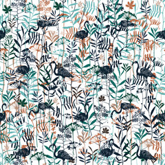 Vector silhouettes collection. Set of field flowers, herbs and flamingos. Element of seamless pattern. Paper design. Print element.