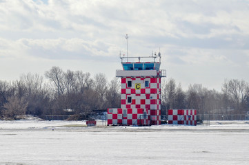 Red and white checkered airport control tower