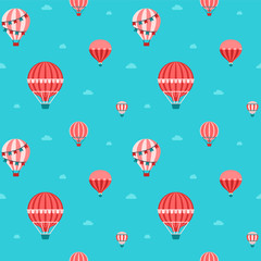 Aerostat in the sky flat seamless pattern. Red, pink and blue.
