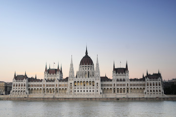 View of the Hungarian Parliament Building in Budapest against the background of the evening sky