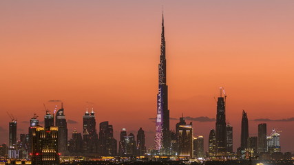 Skyline of Downtown Dubai day to night timelapse.