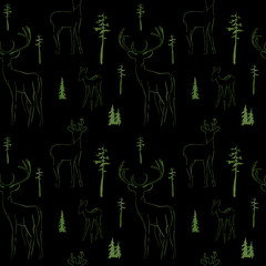 Winter seamless pattern with deer in forest