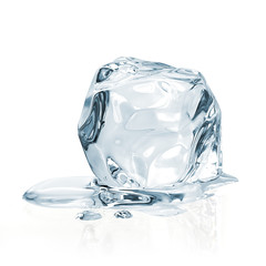 Melted clear ice cube isolated on white background	