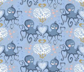 Vector seamless pattern of sea life, cute octopuses and corals on the blue background