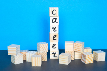 Word Career made of wooden cubes on the blue background.