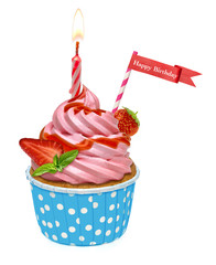 Birthday cupcake with whipped strawberry cream and sauce or sherbet isolated on white background