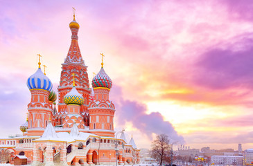 Fototapeta na wymiar Moscow city historical skyline red square kremlin Saint Basil's Cathedral sunrise winter wonderland street scenic red sky landscape view travel tourism background