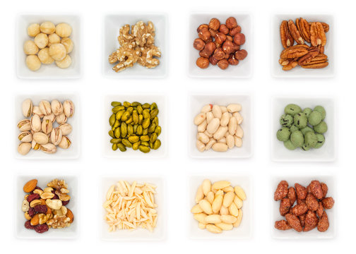 N&uuml;sse verschiedene in Schalen Draufsicht