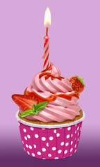 Birthday cupcake with whipped strawberry cream and sauce or sherbet isolated on purple background