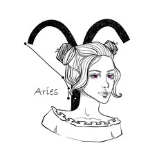 Zodiac sign Aries. Beautiful girl with purple eyes on white isolated background. Zodiac constellation. Vector illustration
