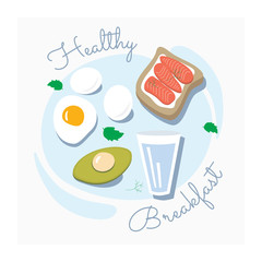 Healthy breakfast vector. Good nutrition with proteins and fats. Set of healthy food. Illustration salmon sandwich, eggs, avocado