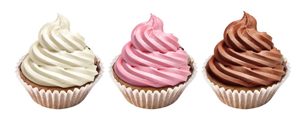 Cupcakes with whip strawberry, vanilla, chocolate cream icing isolated on white background