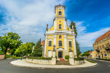 Varazdin church architecture landamark. / Scenic view at stone landmark in Varazdin city center,...