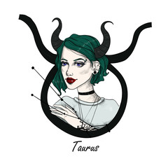 Zodiac sign Taurus. Beautiful girl with horns on white isolated background. Zodiac constellation