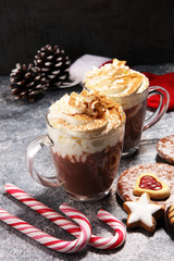 Hot chocolate cocoa with whipped cream for xmas on table