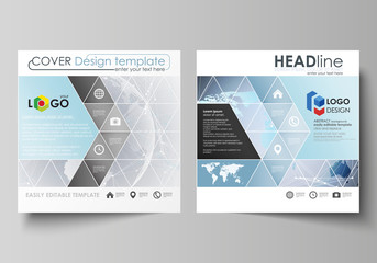The minimalistic vector illustration of the editable layout of two square format covers design templates for brochure, flyer, booklet. Technology concept. Molecule structure, connecting background.