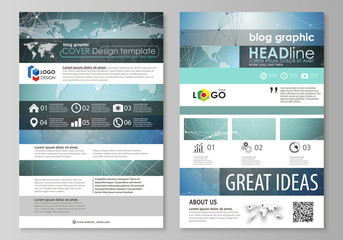 The abstract minimalistic vector illustration of the editable layout of two modern blog graphic pages mockup design templates. Chemistry pattern, connecting lines and dots. Medical concept.