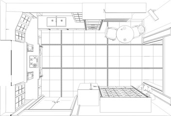 interior contour visualization, 3D illustration, sketch, outline