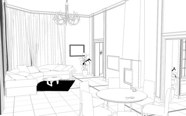 interior contour visualization, 3D illustration, sketch, outline