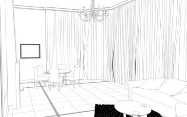 interior contour visualization, 3D illustration, sketch, outline