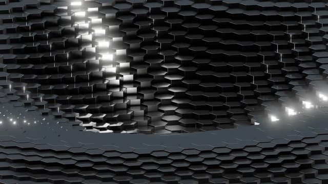 Black Hexagonal Array with One Glowing Element Center Animation Loop