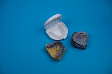 Obraz na płótnie Canvas Molds of the jaw. dental splint. Dental implants on blue background