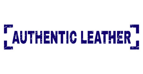 AUTHENTIC LEATHER title seal print with corroded texture. Text tag is placed inside corners. Blue vector rubber print of AUTHENTIC LEATHER with unclean texture.