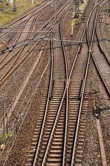 High angle view of railway tracks in Germany - multiple rail lines converging and receding into the...