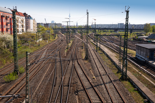 High angle view of railway tracks in Germany - multiple rail lines converging and receding into the distance